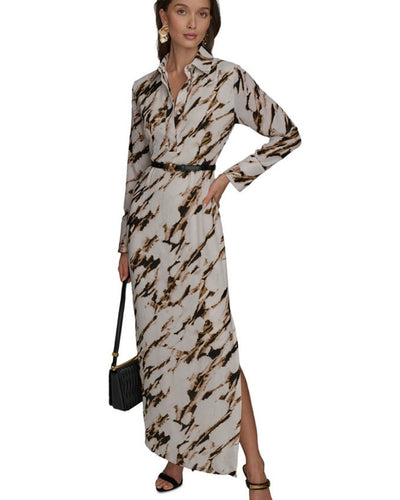 Donna Karan New York Women's Belted Marble Maxi Lined Shirt Dress Size 4 $169