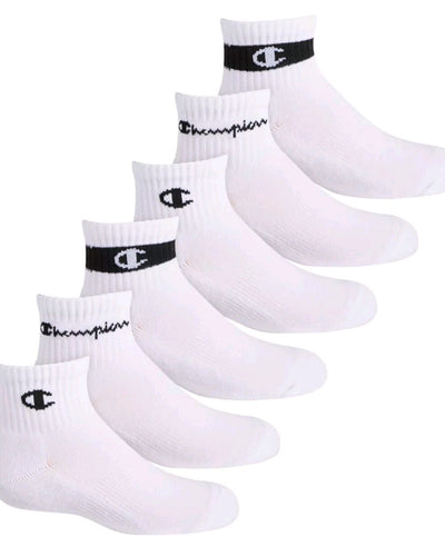Champion Boys 6-Pack Logo Youth Quarter Socks Size 5-7 / 10C-3Y White NWT