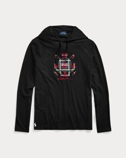 POLO RALPH LAUREN Men's Tartan Crest Logo Jersey Cotton Hooded T-Shirt Black NWT