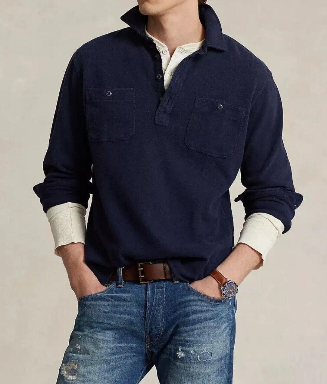 Polo Ralph Lauren Men's Classic Fit Moleskin Popover Work Shirt Navy MSRP $198
