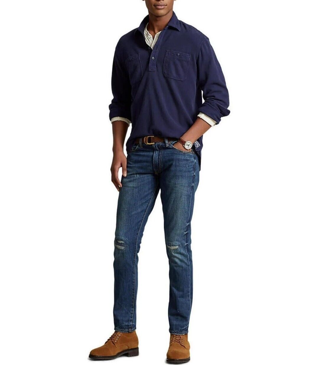 Polo Ralph Lauren Men's Classic Fit Moleskin Popover Work Shirt Navy MSRP $198