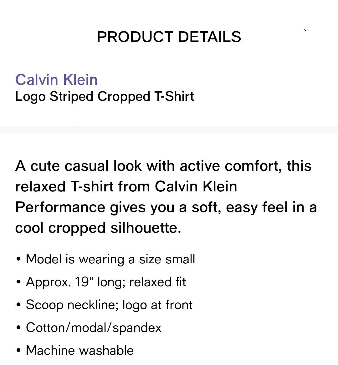 Calvin Klein Women's Performance Striped Short Sleeve Cropped Logo Tee Black NWT
