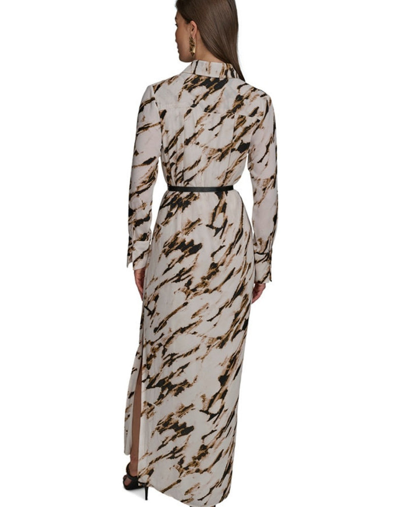 Donna Karan New York Women's Belted Marble Maxi Lined Shirt Dress Size 4 $169