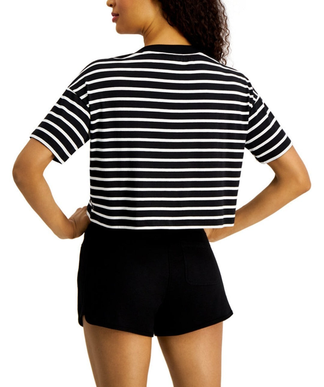 Calvin Klein Women's Performance Striped Short Sleeve Cropped Logo Tee Black NWT