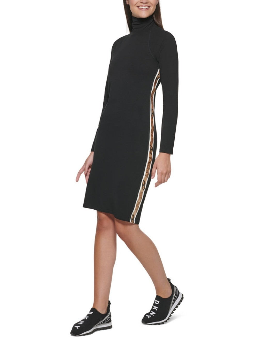 DKNY Sport Women's Cotton Mock-Neck Metallic-Logo Bodycon Dress, Black Small