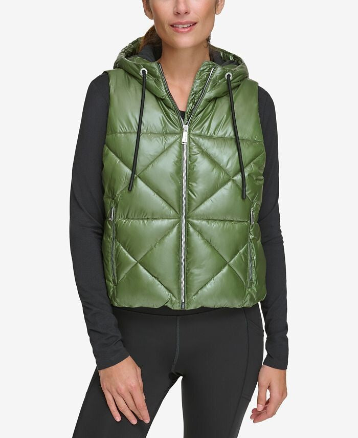 Calvin Klein Women's Performance  Full Zip Hooded Puffer Vest Metallic Bonsai XL