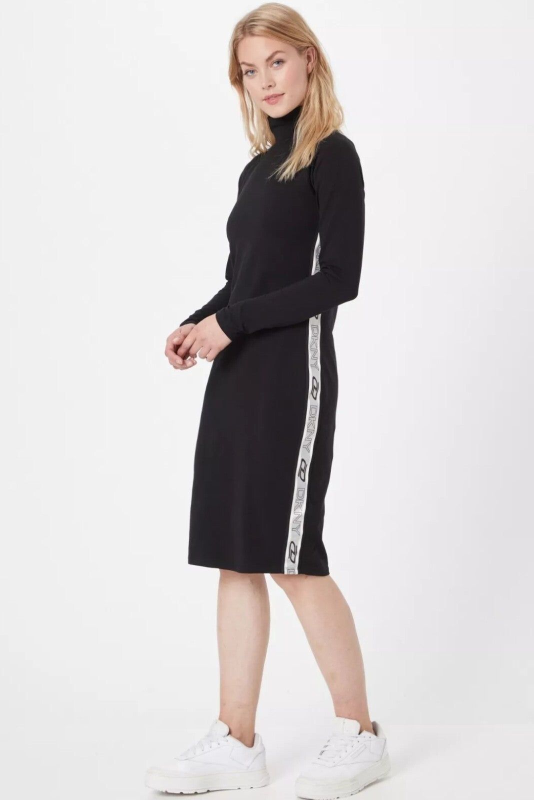 DKNY Sport Women's Cotton Mock-Neck Metallic-Logo Bodycon Dress, Black Small