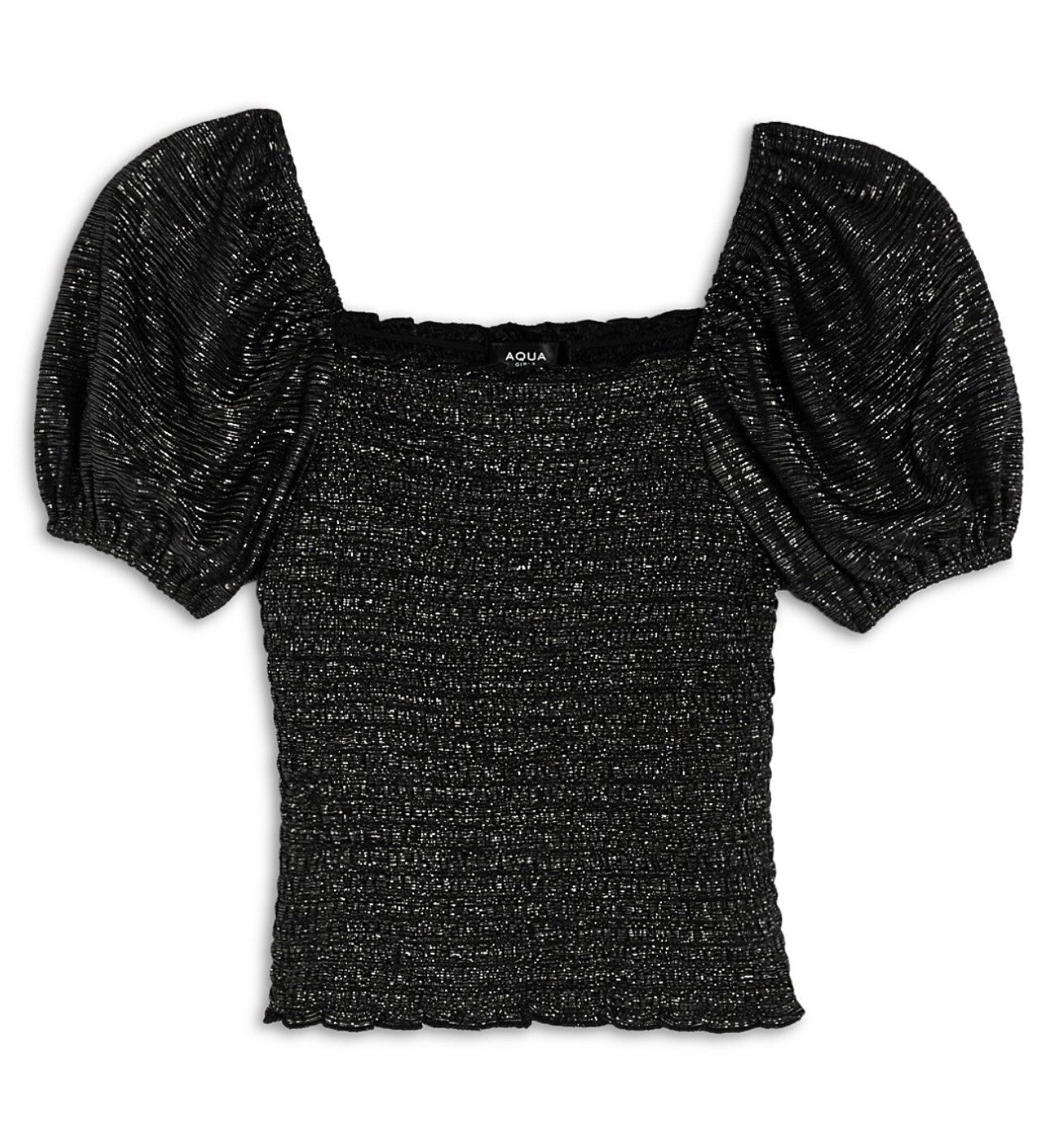 AQUA Girls Smocked Puff Sleeve Top Big Kid Exclusive Color Black New