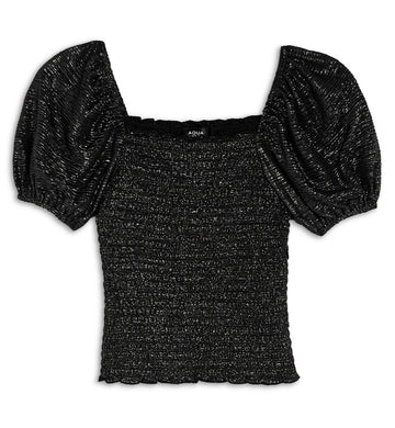 AQUA Girls Smocked Puff Sleeve Top Big Kid Exclusive Color Black New