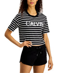 Calvin Klein Women's Performance Striped Short Sleeve Cropped Logo Tee Black NWT