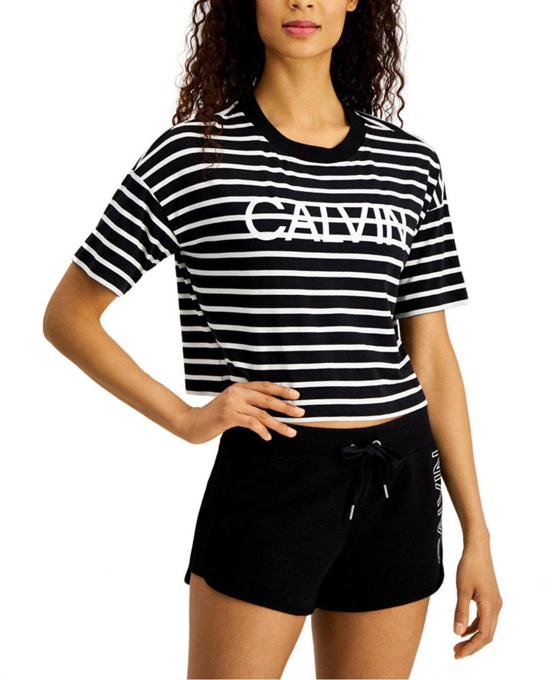 Calvin Klein Women's Performance Striped Short Sleeve Cropped Logo Tee Black NWT