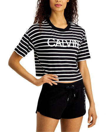 Calvin Klein Women's Performance Striped Short Sleeve Cropped Logo Tee Black NWT