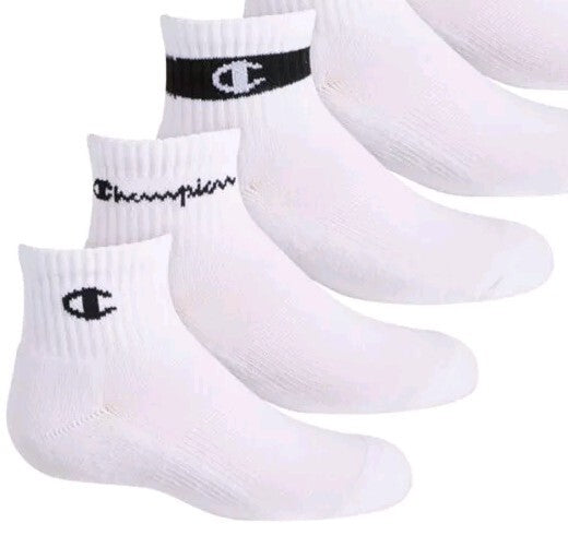 Champion Boys 6-Pack Logo Youth Quarter Socks Size 5-7 / 10C-3Y White NWT