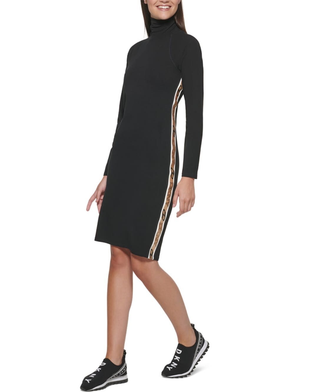 DKNY Sport Women's Cotton Mock-Neck Metallic-Logo Bodycon Dress, Black Small