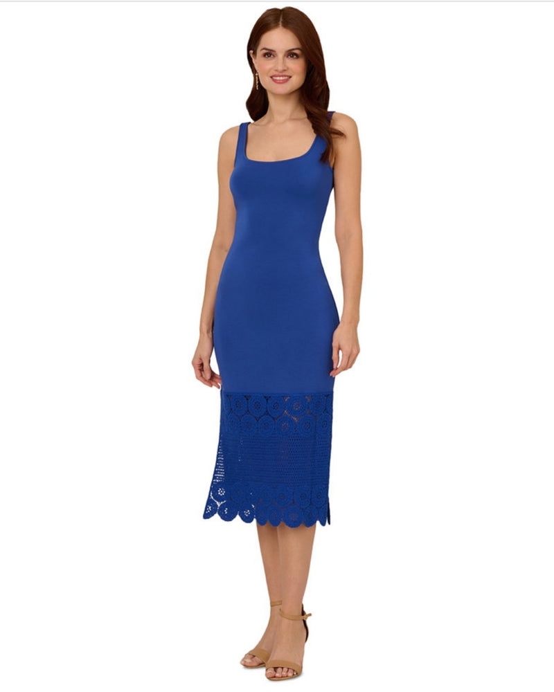 Adrianna Women's Papell Scoop Neck Sleeveless Crochet Trim Sheath Dress Cobalt 4