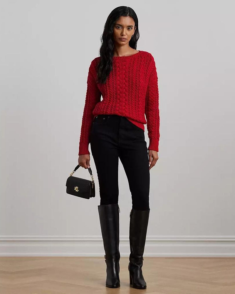 Lauren Ralph Lauren Women's Cable-Knit Cotton-Blend Sweater Festive Red Size XS
