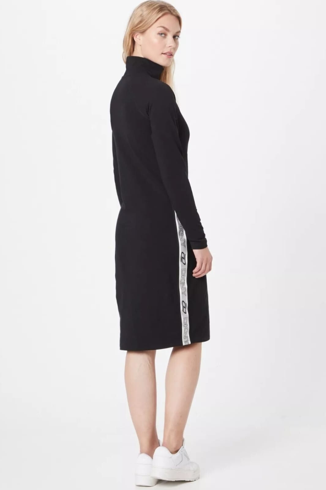 DKNY Sport Women's Cotton Mock-Neck Metallic-Logo Bodycon Dress, Black Small