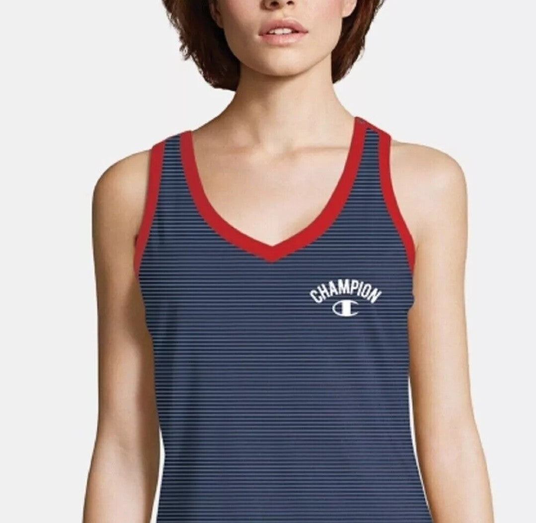 Champion Women's V Neck Heritage Striped Active Workout Tank Top Blue Small New