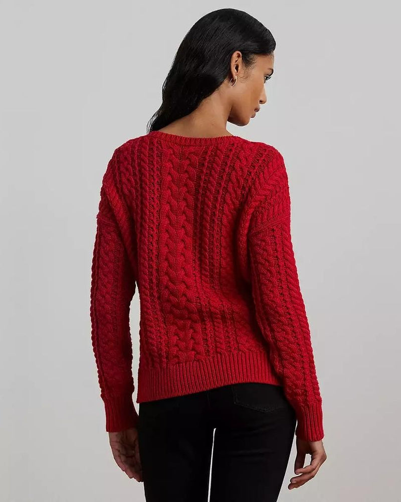 Lauren Ralph Lauren Women's Cable-Knit Cotton-Blend Sweater Festive Red Size XS