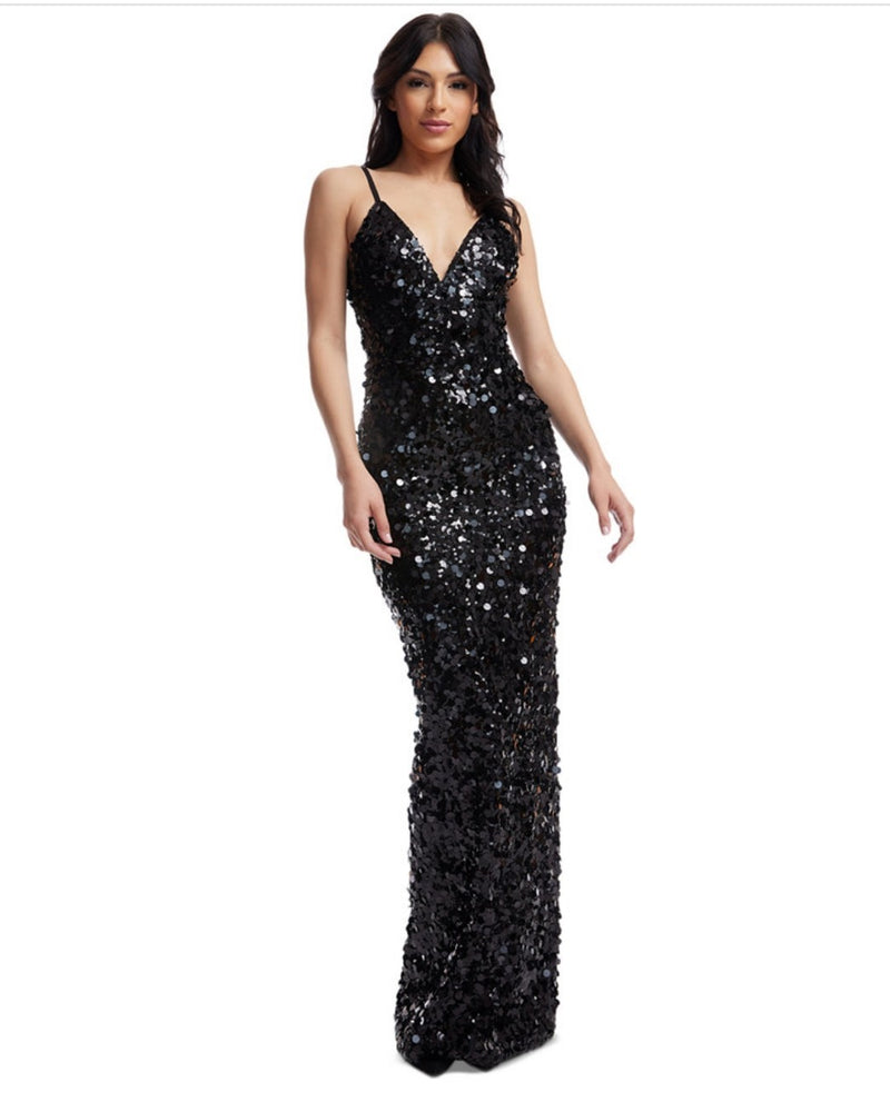 Dress the Population Women's Cammie Plunge Sequin Gown Dress Black Size Large 