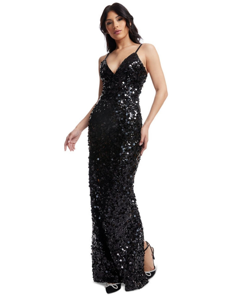 Dress the Population Women's Cammie Plunge Sequin Gown Dress Black Size Large 