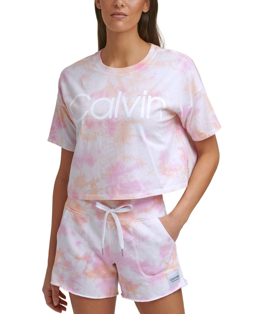 Calvin Klein Womens Performance Cropped Tie-Dyed T-Shirt Size XL Peach Multi NWT
