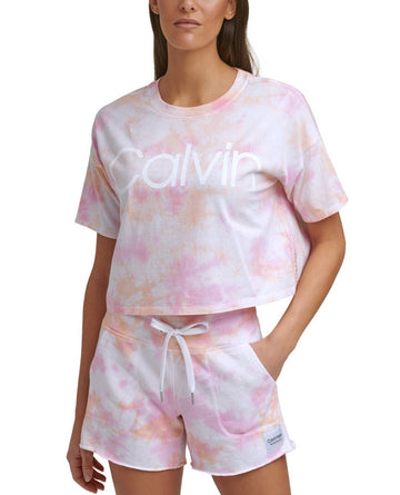 Calvin Klein Womens Performance Cropped Tie-Dyed T-Shirt Size XL Peach Multi NWT