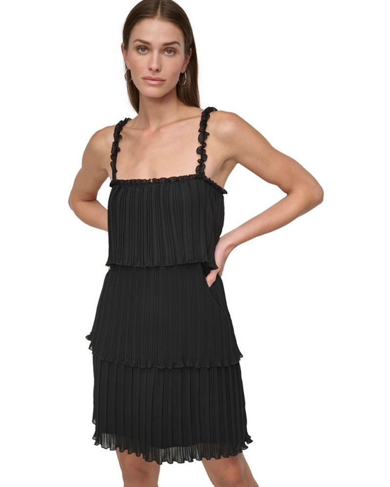 Dkny Women's Pleated Tiered Chiffon A-Line Sleeveless Dress Black Size 8 $139