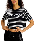 Calvin Klein Women's Performance Striped Short Sleeve Cropped Logo Tee Black NWT