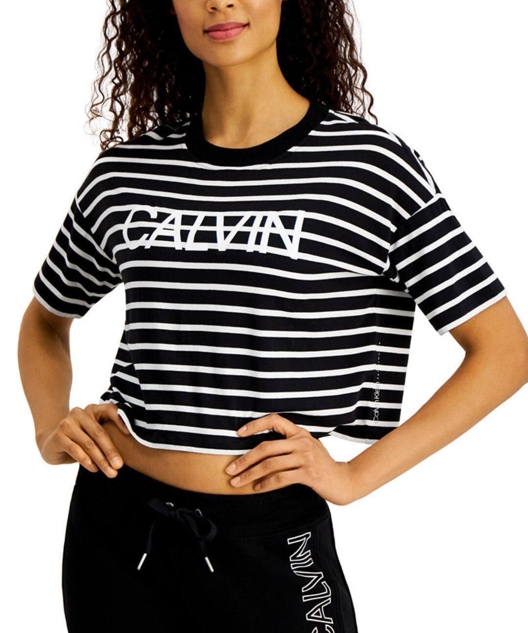 Calvin Klein Women's Performance Striped Short Sleeve Cropped Logo Tee Black NWT