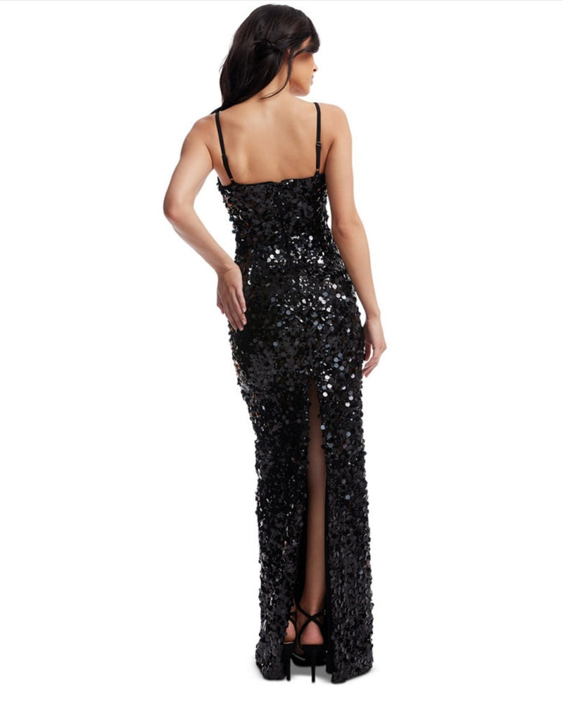 Dress the Population Women's Cammie Plunge Sequin Gown Dress Black Size Large 