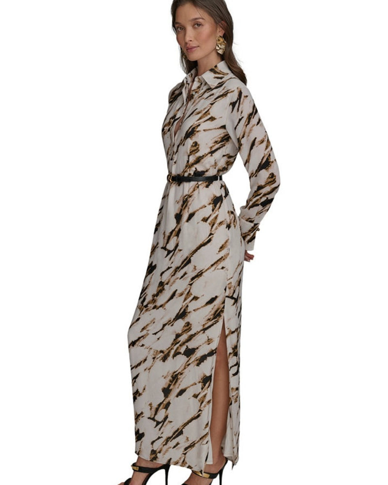 Donna Karan New York Women's Belted Marble Maxi Lined Shirt Dress Size 4 $169