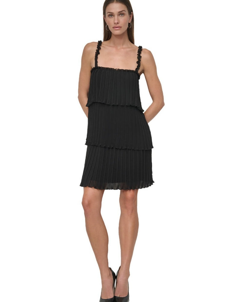 Dkny Women's Pleated Tiered Chiffon A-Line Sleeveless Dress Black Size 8 $139