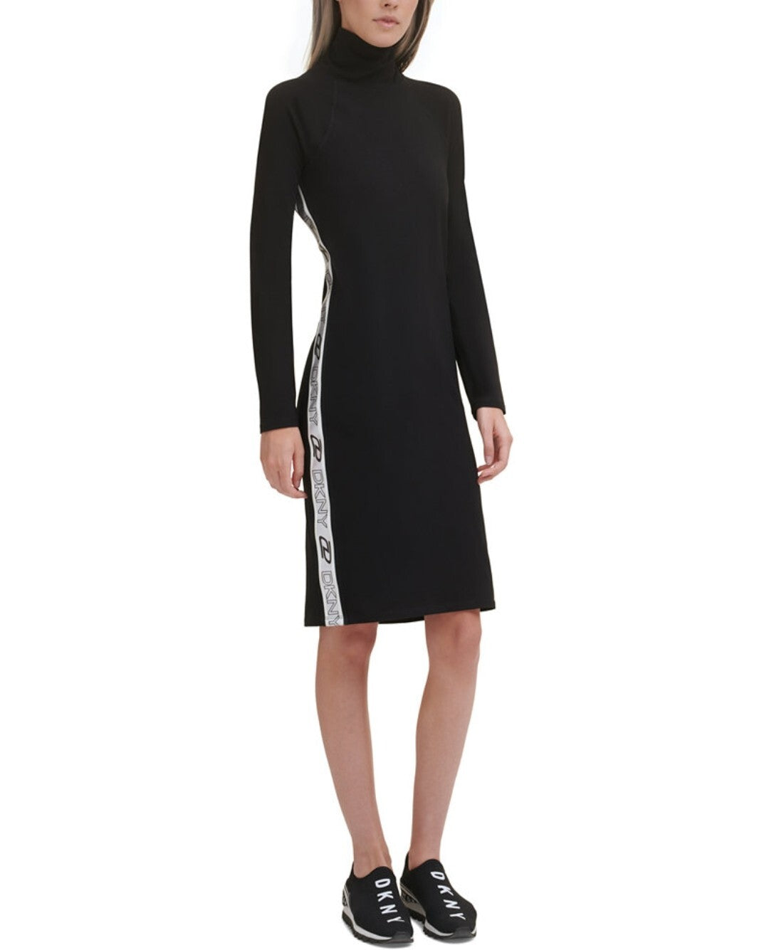 DKNY Sport Women's Cotton Mock-Neck Metallic-Logo Bodycon Dress, Black Small