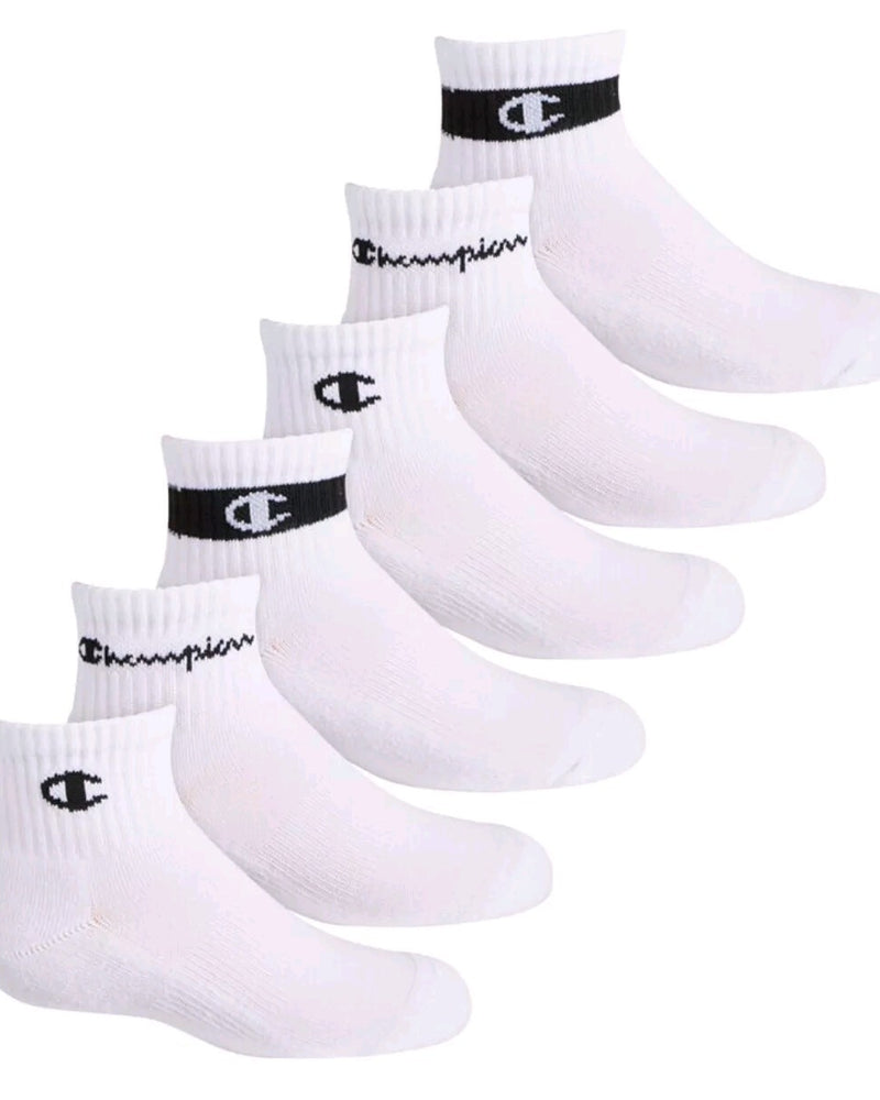 Champion Boys 6-Pack Logo Youth Quarter Socks Size 5-7 / 10C-3Y White NWT