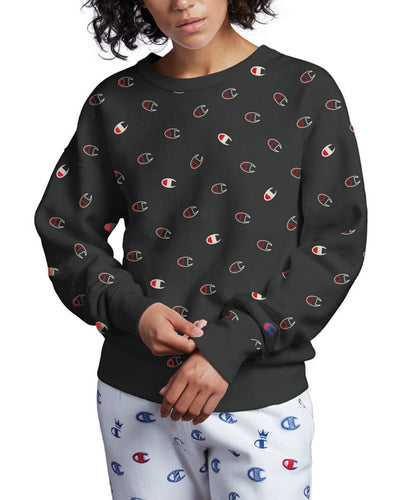 Champion Women's Logo Print Reverse Weave Crewneck Sweatshirt Black Size XS New