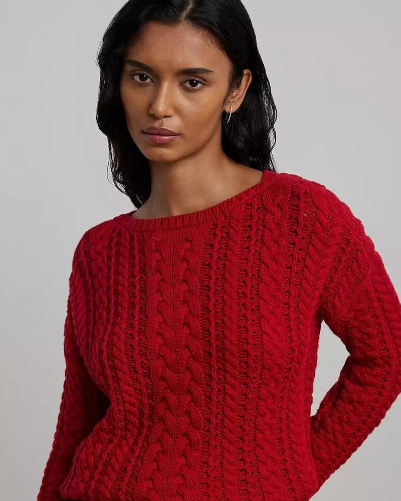 Lauren Ralph Lauren Women's Cable-Knit Cotton-Blend Sweater Festive Red Size XS