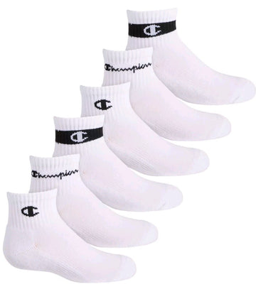 Champion Boys 6-Pack Logo Youth Quarter Socks Size 5-7 / 10C-3Y White NWT