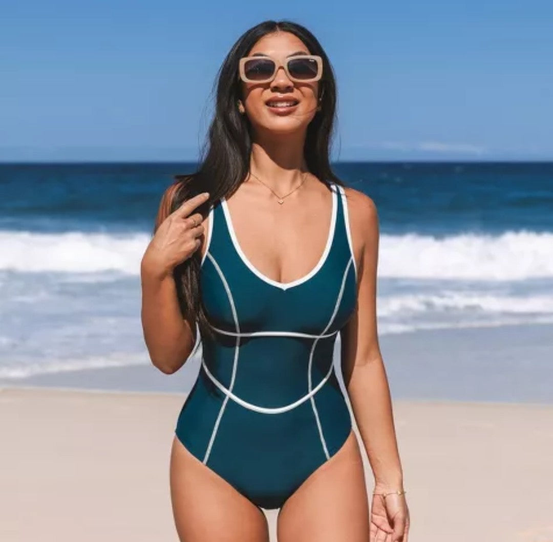 CUPSHE Women's Piped Scoop Neck One Piece Swimsuit Size Medium Dark Blue New