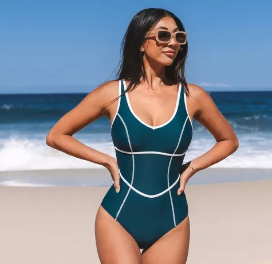 CUPSHE Women's Piped Scoop Neck One Piece Swimsuit Size Medium Dark Blue New