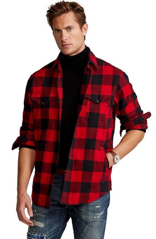 Polo Ralph Lauren Men's Classic Fit Checked Flannel Button Down Twill Shirt Red