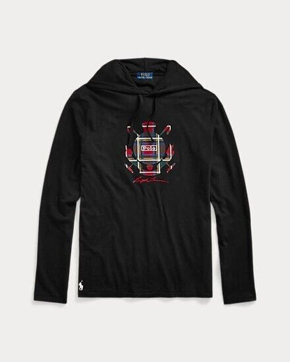 POLO RALPH LAUREN Men's Tartan Crest Logo Jersey Cotton Hooded T-Shirt Black NWT