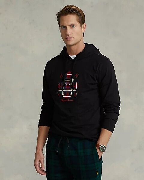 POLO RALPH LAUREN Men's Tartan Crest Logo Jersey Cotton Hooded T-Shirt Black NWT