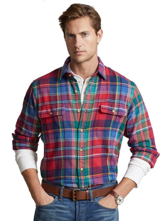 Polo Ralph Lauren Men's Classic Fit Bedford Suede-Patch Twill Workshirt Multi